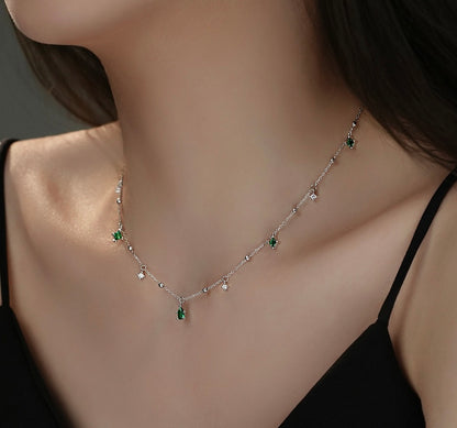 S925 Sterling Silver Green Zircon Drop Necklace – Minimal Clavicle Chain