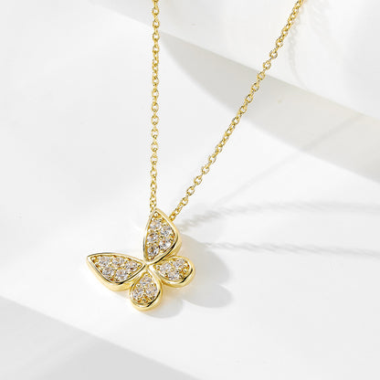 S925 Sterling Silver Pavé Butterfly Pendant Necklace – 14K Gold Plated Minimal Luxury