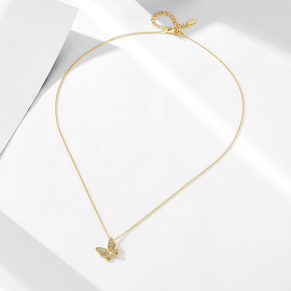 S925 Sterling Silver Pavé Butterfly Pendant Necklace – 14K Gold Plated Minimal Luxury