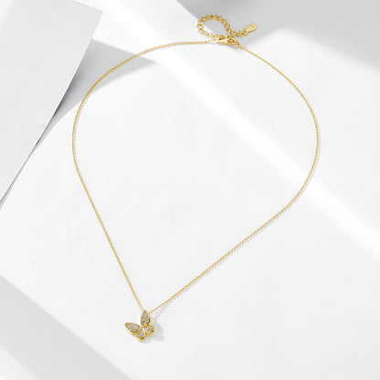 S925 Sterling Silver Pavé Butterfly Pendant Necklace – 14K Gold Plated Minimal Luxury