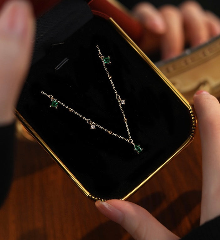 S925 Sterling Silver Green Zircon Drop Necklace – Minimal Clavicle Chain