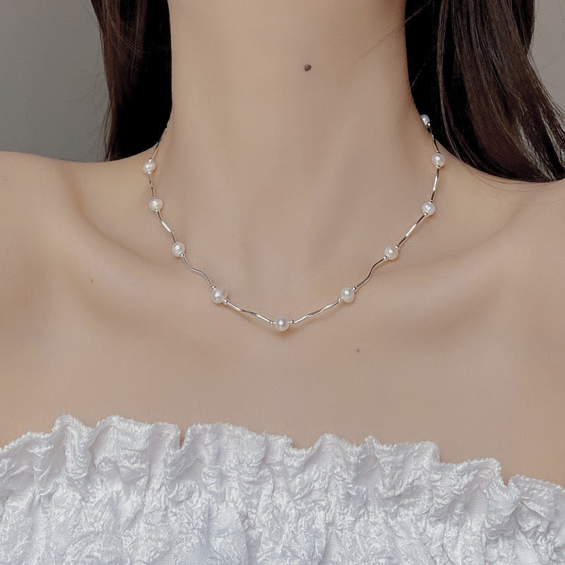 Wave Pearl Necklace – 925 Sterling Silver