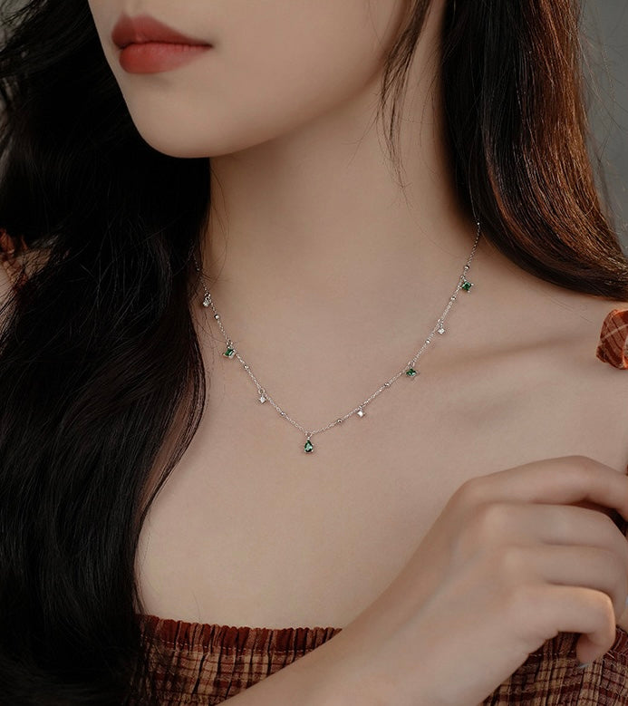 S925 Sterling Silver Green Zircon Drop Necklace – Minimal Clavicle Chain