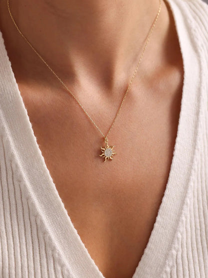 Gold Sun Pendant Necklace – 925 Sterling Silver with Zircon Sun Charm