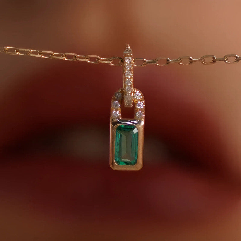 Emerald Lock Pendant Necklace – 925 Sterling Silver with 14K Gold Plating
