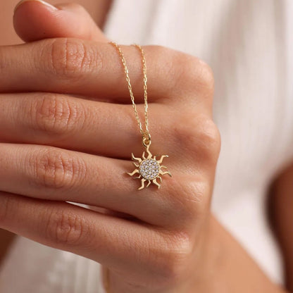 Gold Sun Pendant Necklace – 925 Sterling Silver with Zircon Sun Charm