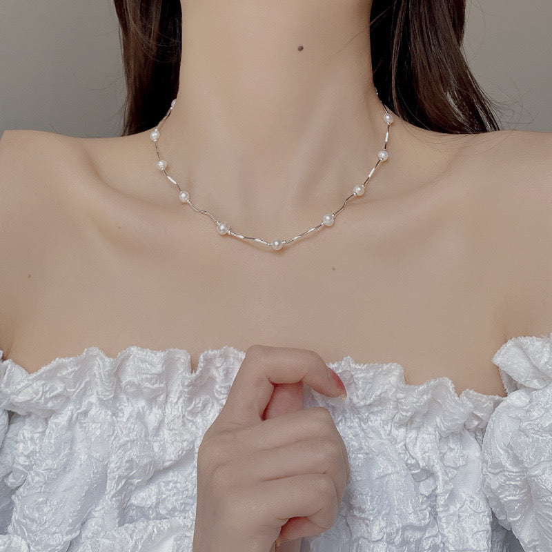 Wave Pearl Necklace – 925 Sterling Silver