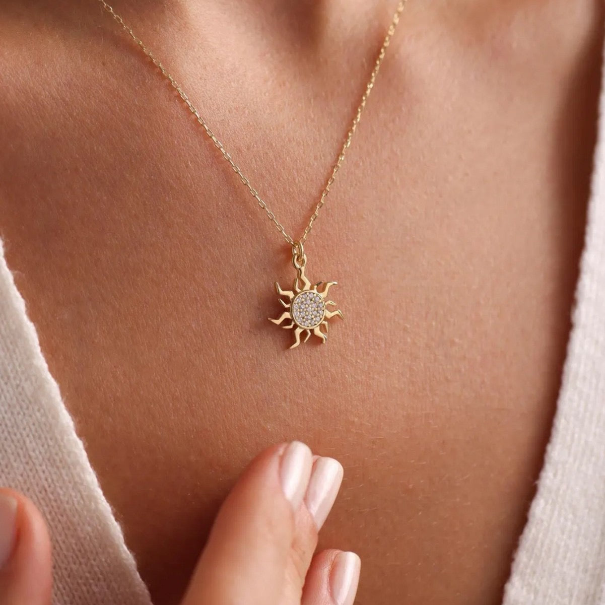 Gold Sun Pendant Necklace – 925 Sterling Silver with Zircon Sun Charm
