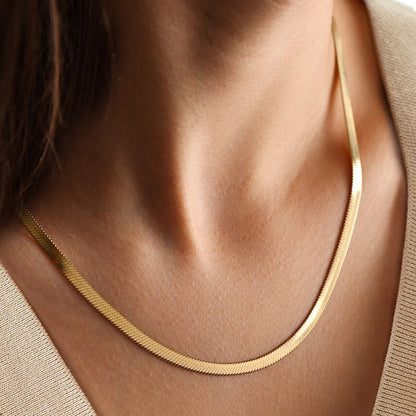 Gold Snake Chain Necklace – 925 Sterling Silver, Minimal Flat Chain