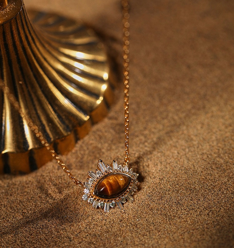 S925 Sterling Silver Tiger Eye Radiance Pendant Necklace – 18K Gold Plated