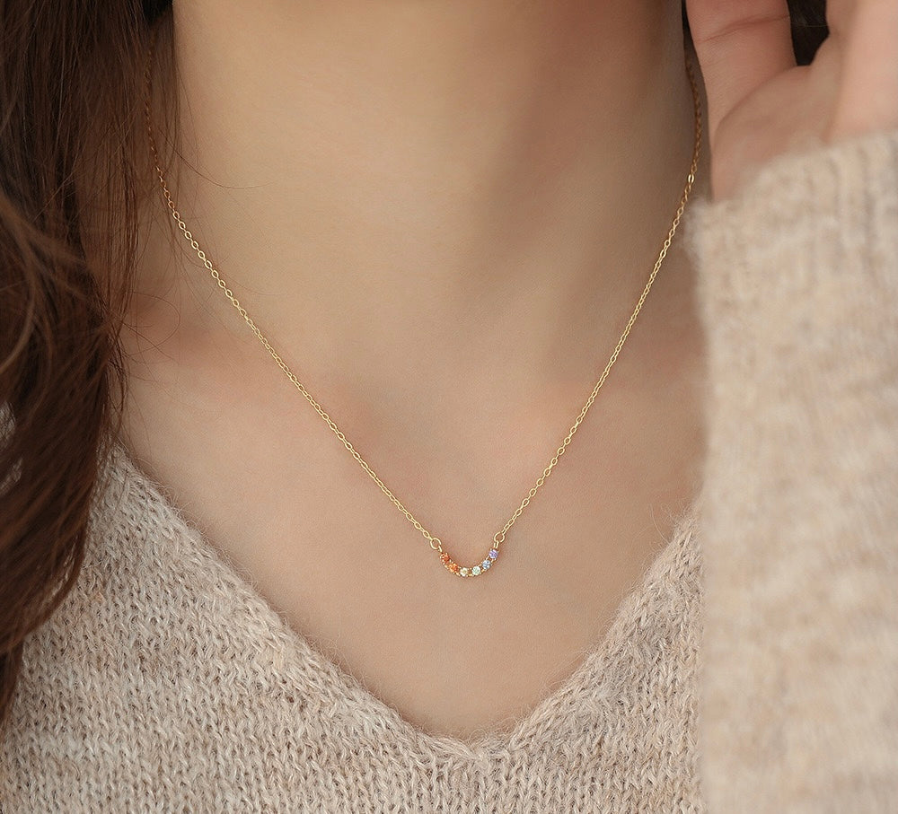 S925 Sterling Silver Rainbow Smile Zircon Necklace – Minimal Luxury Clavicle Chain