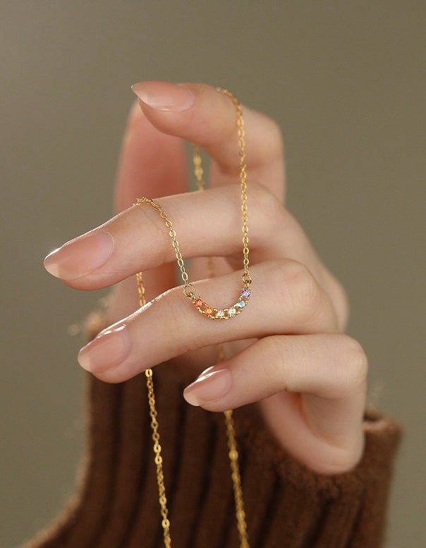 S925 Sterling Silver Rainbow Smile Zircon Necklace – Minimal Luxury Clavicle Chain
