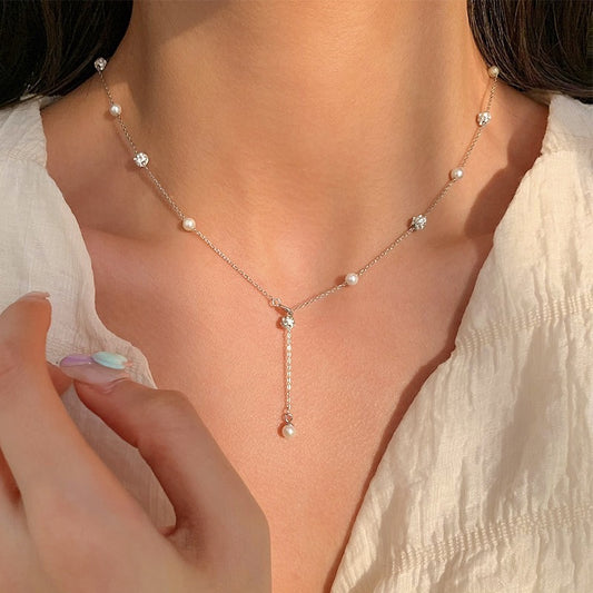 S925 Sterling Silver Pearl Drop Lariat Necklace – Minimal Elegant Clavicle Chain