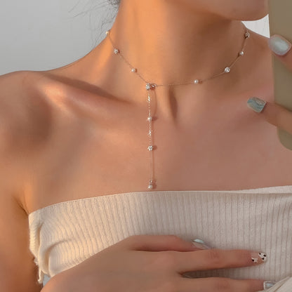 S925 Sterling Silver Pearl Drop Lariat Necklace – Minimal Elegant Clavicle Chain