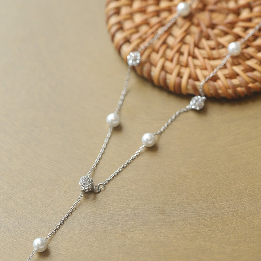 S925 Sterling Silver Pearl Drop Lariat Necklace – Minimal Elegant Clavicle Chain